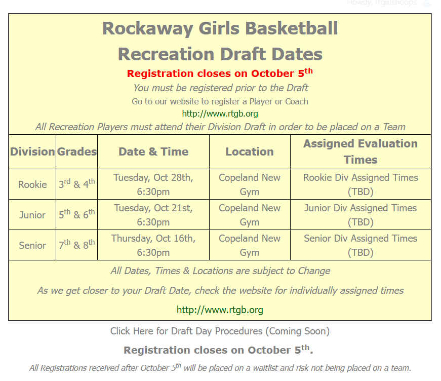 RTGB Draft Dates