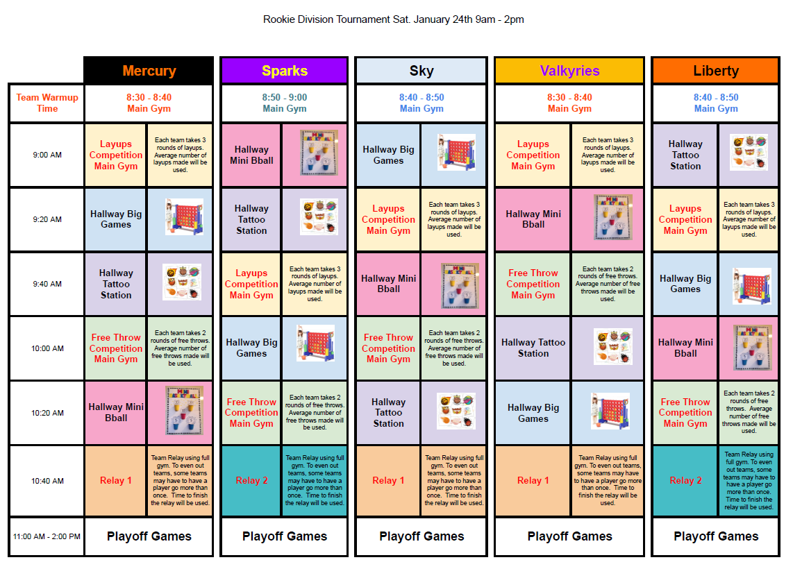 Rookie Tournament Team Schedules